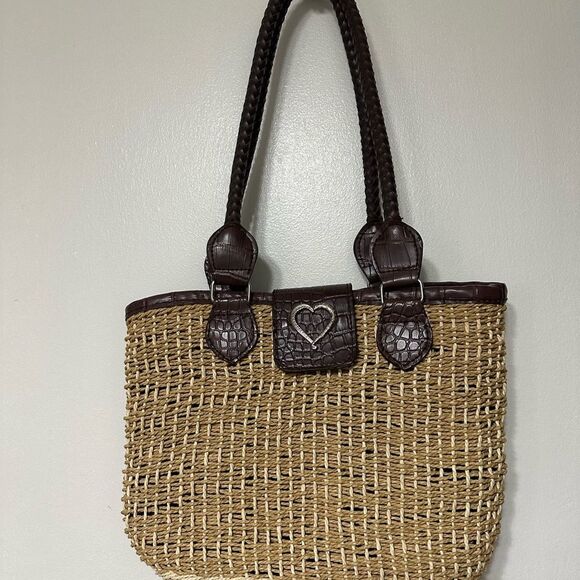 Two Tone Straw Shoulder Bag with Leather Handles - Picture 1 of 4